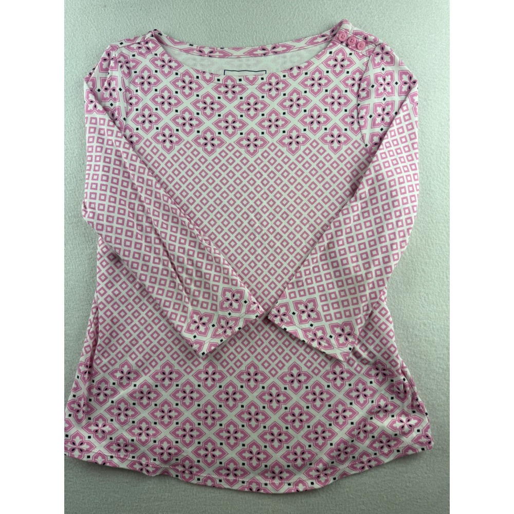 Charter Club Pink White Medallion Boat Neck 3/4 Sleeve Button Shoulder Top